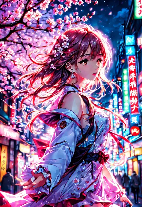 1girl, Magical girl in Tokyo at night, cherry blossoms, neon-lit streets, vibrant colors, dynamic pose, art by CLAMP, (best quality, masterpiece:1.5), (HDR), (vivid colors), (bokeh), (physically-based rendering), (extreme detail description), (professional...