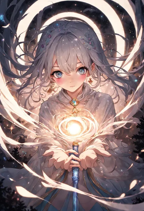 1girl, Amidst a moonlit forest, a young girl with flowing, pastel-colored hair stands surrounded by a swirl of sparkling stardust. Clad in a shimmering, frilly dress adorned with intricate magical symbols, she wields a staff that radiates a soft, ethereal ...