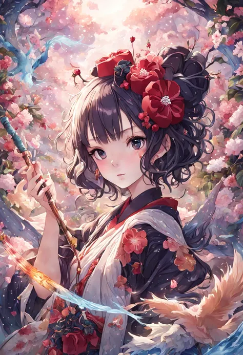 1girl, A young Magical Girl, gracefully casting a spell with her wand, surrounded by enchanting flora and fauna, radiating magical energy. The scene should evoke a sense of wonder and mystery. The style should emulate the intricate brushwork and delicate l...