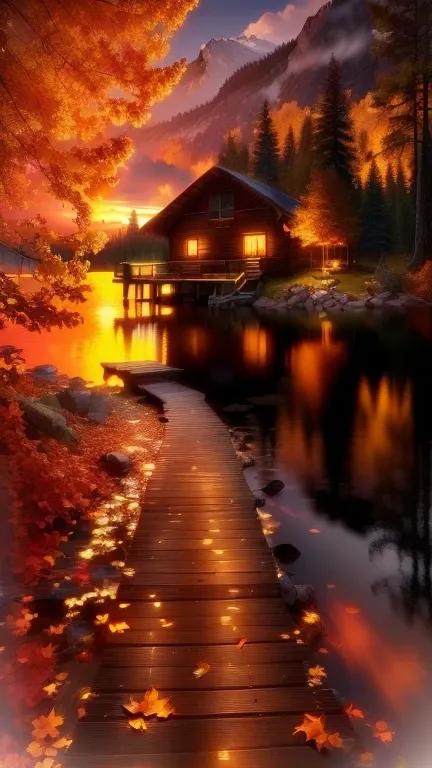 a wooden dock leading to a cabin on a lake surrounded by trees, beautiful place, lake house, setting in nature, beautiful lake, build in a forest near of a lake, peaceful and serene, beautiful nature, autumn tranquility, beautiful setting, stunning nature ...