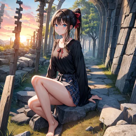 black brown hair、blue eyes、Braid、ponytail、one good looking girl、solo、anime、Plaid miniskirt、camisole、black t-shirt、Tilting your face、Doing the ribbon、Ribbon at waist、sunset sky、broken stone steps、ruins、tunnel、Fallen leaves、Light and shadow、Raising legs、colu...