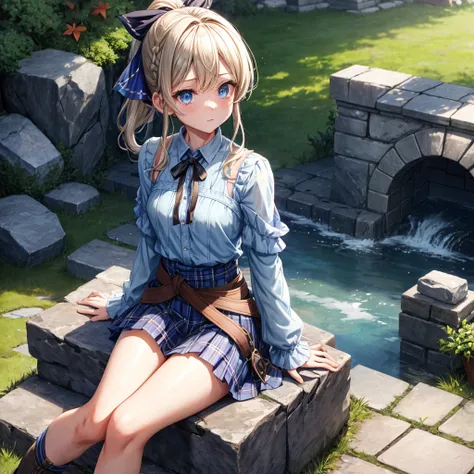 patina hair、blue eyes、Braid、ponytail、one good looking girl、solo、anime、Plaid miniskirt、camisole、black t-shirt、Tilting your face、Doing the ribbon、Ribbon at waist、broken stone steps、ruins、tunnel、Fallen leaves、Light and shadow、Raising legs、cloak、the ground is ...