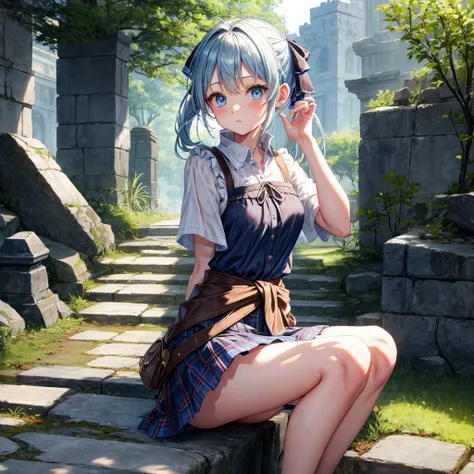 patina hair、blue eyes、Braid、ponytail、one good looking girl、solo、anime、Plaid miniskirt、camisole、black t-shirt、Tilting your face、Doing the ribbon、Ribbon at waist、broken stone steps、ruins、tunnel、Fallen leaves、Light and shadow、Raising legs、cloak、the ground is ...