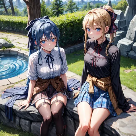 patina hair、blue eyes、Braid、ponytail、one good looking girl、solo、anime、Plaid miniskirt、camisole、black t-shirt、Tilting your face、Doing the ribbon、Ribbon at waist、Raising legs、cloak、the ground is cracked、Shortness of breath、Meteor、sitting on a stone、Crystal G...