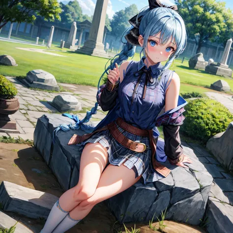 patina hair、blue eyes、Braid、ponytail、one good looking girl、solo、anime、Plaid miniskirt、camisole、black t-shirt、Tilting your face、Doing the ribbon、Ribbon at waist、Raising legs、cloak、the ground is cracked、Shortness of breath、sitting on a stone、Crystal Grotto