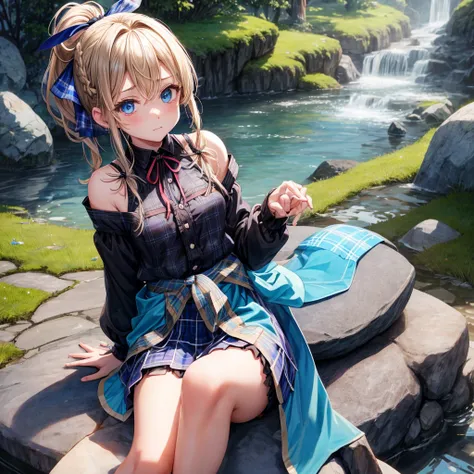 patina hair、blue eyes、Braid、ponytail、one good looking girl、solo、anime、Plaid miniskirt、camisole、black t-shirt、Tilting your face、Doing the ribbon、Ribbon at waist、Raising legs、cloak、the ground is cracked、Shortness of breath、Meteor、sitting on a stone、Crystal G...