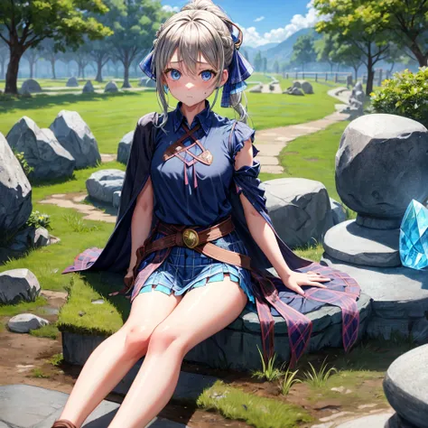 patina hair、blue eyes、Braid、ponytail、one good looking girl、solo、anime、Plaid miniskirt、camisole、black t-shirt、Tilting your face、Doing the ribbon、Ribbon at waist、Raising legs、cloak、the ground is cracked、Shortness of breath、Meteor、sitting on a stone、Crystal G...