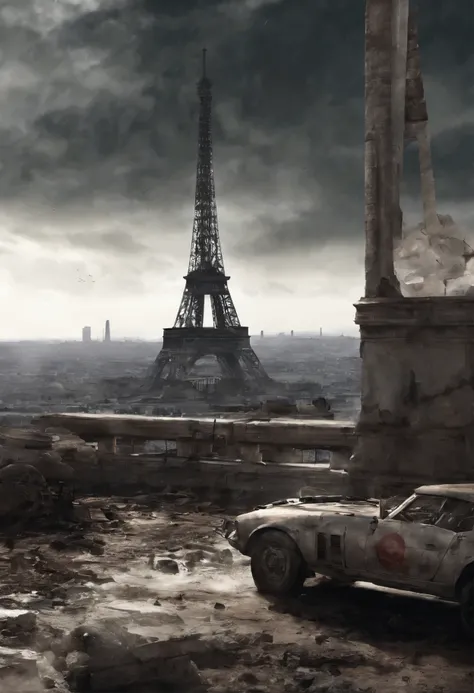 Obra maestra, Obra maestra, hiperrealismo, cinematographic image, 8k, Profundidad de campo, cinema lighting, a post apocalyptic take on the typical iconic image of the (torre eiffel en paris en ruinas),Lleno de verdor, image Post apocalyptic and dystopian....