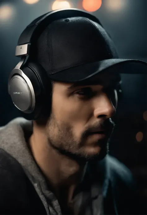 (best quality,ultra-detailed,picture-perfect,professional:1.2),man with headphones and cap,nightclub background,cool,dark,stylish,contrast,lit from the side