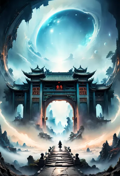 Forgotten gateway, huge magical entrance to unknown time and space, chinese ink painting, matte painting, surreal epic scenes, mystery fantasy art, ethereal atmosphere, space light, panoramic view, (best quality, masterpiece, Representative work, official ...