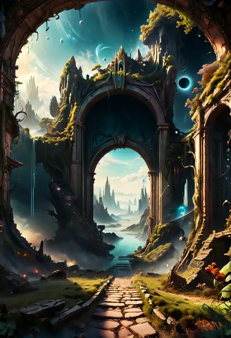 Forgotten gateway, huge magical entrance to unknown time and space, matte painting, surreal scenes, fantasy art, panoramic view, (best quality, masterpiece, Representative work, official art, Professional, high-definition details, 8k)