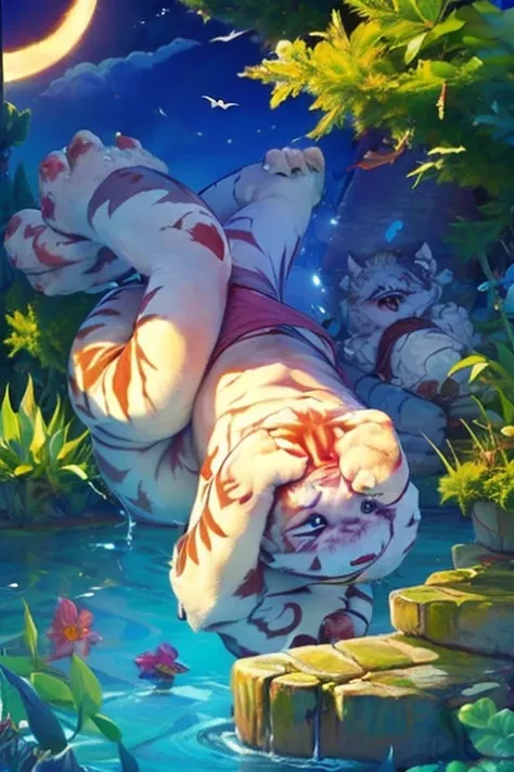 cute furry tiger shark cat boy smiling and slumped in water，diapers are stretched too big，blush，wheezing，瑟瑟，be pampered。