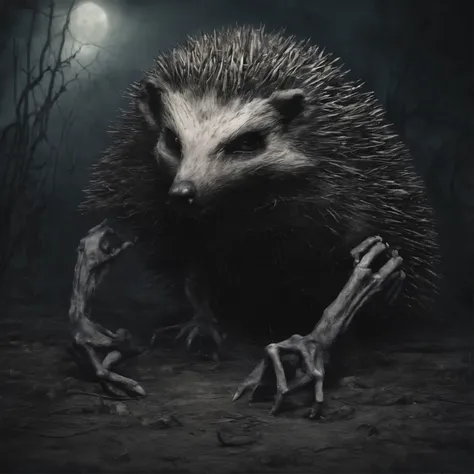 The hedgehog is with you, skeleton with remains of flesh, a lot of blood, grin, tears the body apart, tears of flesh