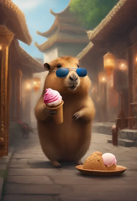 Capybara wearing sunglasses and headphones walks on the streets of a medieval Chinese city，I dropped the ice cream on the ground while eating it.,He was sad