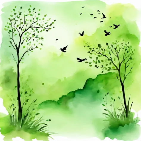 Simple style Beginning of Spring poster background，The main color is green，Let there be trees with new leaves and birds in flight