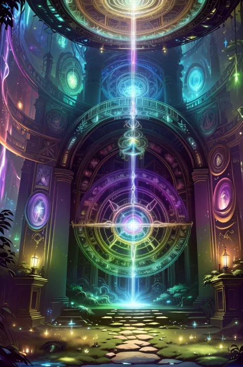 (best quality,8k,ultra-detailed,high-res,masterpiece:1.2),complex details,wallpaper,chronomancy AI,(rainbow-colored large portal to another dimension), ((gateway)), (hidden depths of the jungle:1.2),forgotten ancient temple,altar,staircase