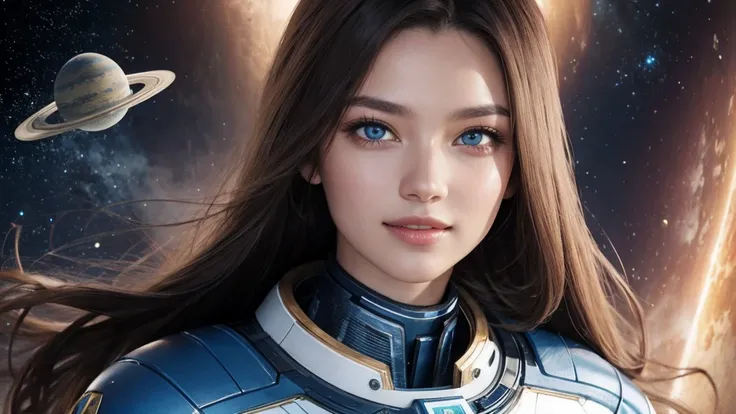 highest quality、masterpiece、ultra high resolution、(realistic:1.4)、Beautiful woman１、beautiful eyes and skin details、smile、Light brown long hair、colorful space suit costume、Inside the spaceship、outer space、Planetary collision、complicated beam