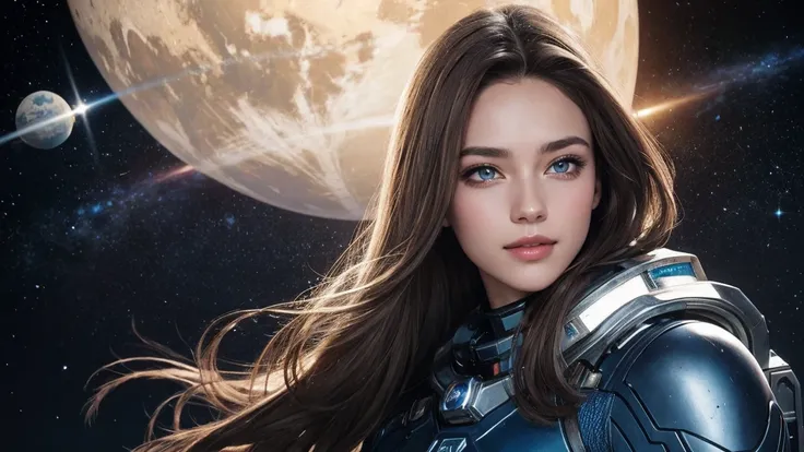 highest quality、masterpiece、ultra high resolution、(realistic:1.4)、Beautiful woman１、beautiful eyes and skin details、smile、Light brown long hair、colorful space suit costume、Inside the spaceship、outer space、Planetary collision、complicated beam