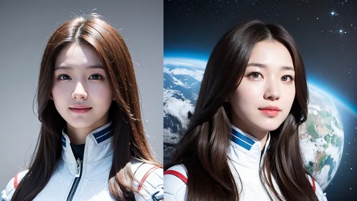 highest quality、masterpiece、ultra high resolution、(realistic:1.4)、Beautiful woman１、beautiful eyes and skin details、smile、Light brown long hair、colorful space suit costume、Inside the spaceship、outer space、Planetary collision、complicated beam