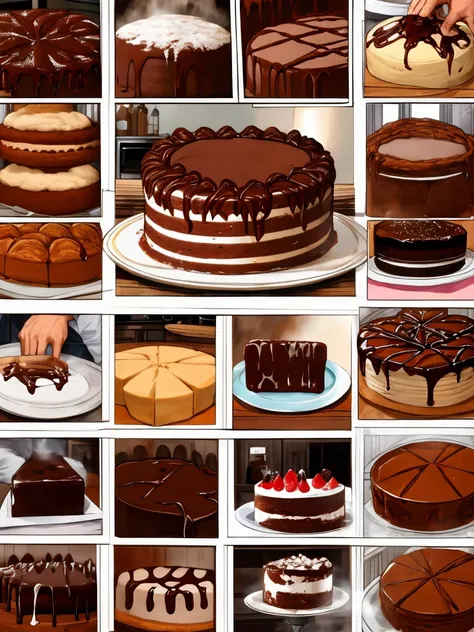 masterpiece, collage of a man baking chocolate cake