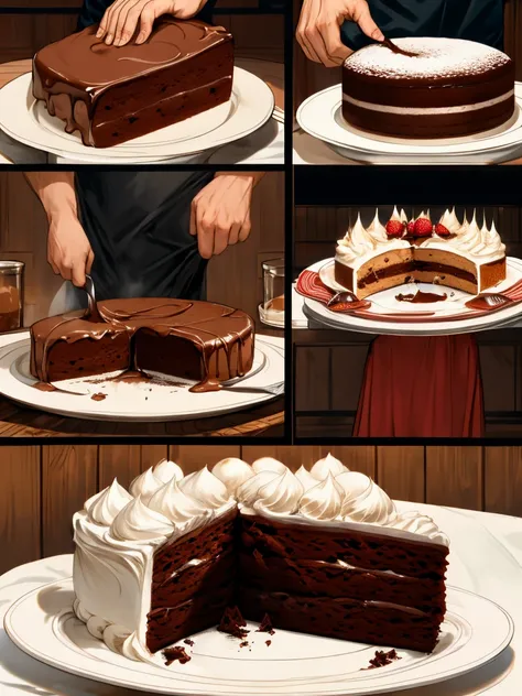 masterpiece, collage of a man baking chocolate cake