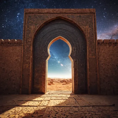 forgotten gateway of time and space, morocco, magical, starry sky, magical flashes coming from the gateway of the future and the past, ancestral morocco, technological, 3d crackle, we can see the a sunny day through the ancestral gateway,