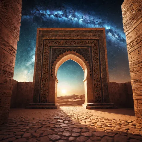 forgotten gateway of time and space, morocco, magical, starry sky, magical flashes coming from the gateway of the future and the past, ancestral morocco, technological, 3d crackle, we can see the a sunny day through the ancestral gateway,