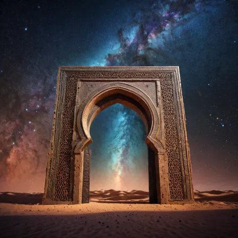 forgotten gateway of time and space, morocco, magical, starry sky, magical flashes coming from the gateway of the future and the past, ancestral morocco, technological, 3d crackle, we can see the a sunny day through the ancestral gateway,