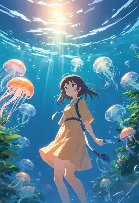 ((masterpiece,best quality)),(negative space:1.2),(1girl, solo:1.4),beautiful detailed eyes,floating hair, underwater, bubble, fish, (jellyfish), fluorescence,sea turtle, seaweed,