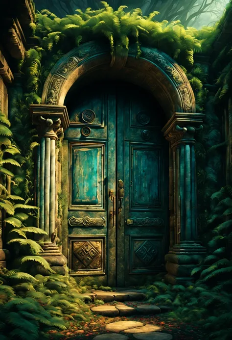 An abandoned, mystical door to another world, (best quality,4k,8k,highres,masterpiece:1.2), ultra-detailed, (realistic,photorealistic,photo-realistic:1.37), ancient doorway, mysterious portal, decrepit entrance, weathered wood, worn-out hinges, intricate c...