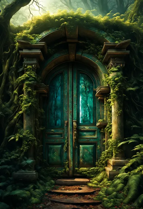 An abandoned, mystical door to another world, (best quality,4k,8k,highres,masterpiece:1.2), ultra-detailed, (realistic,photorealistic,photo-realistic:1.37), ancient doorway, mysterious portal, decrepit entrance, weathered wood, worn-out hinges, intricate c...