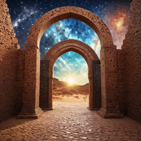 forgotten gateway of time and space, morocco, magical, starry sky, magical flashes coming from the gateway of the future and the past, ancestral morocco, technological, 3d crackle, we can see the a sunny day through the ancestral gateway,