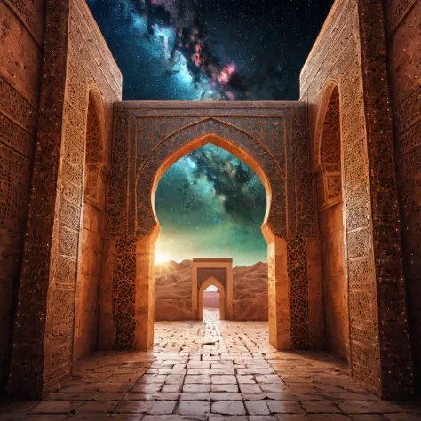 forgotten gateway of time and space, morocco, magical, starry sky, magical flashes coming from the gateway of the future and the past, ancestral morocco, technological, 3d crackle, we can see the a sunny day through the ancestral gateway,