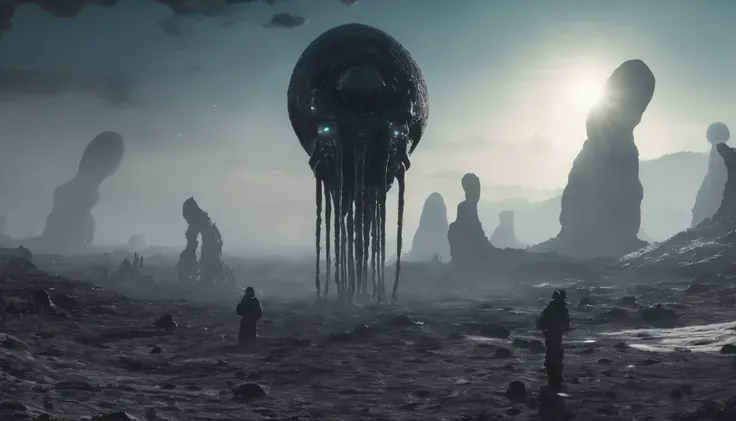 bright viscous mucus covered with round black meteorite in a volumetric and foggy alien tentacle landscape