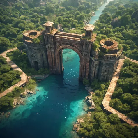 Aerial view of a forgotten ((open gateway)) of time and space.(best quality,4k,8k,highres,masterpiece:1.2),ultra-detailed,(realistic,photorealistic,photo-realistic:1.37),HDR,UHD,studio lighting,ultra-fine painting,sharp focus,physically-based rendering,ext...