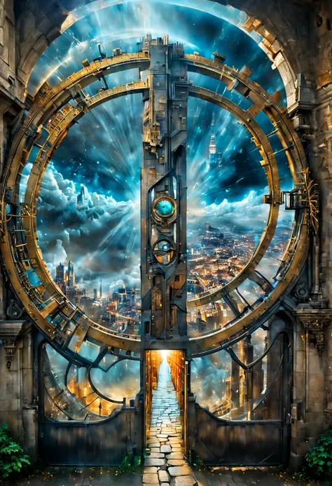 Double exposure of modern and ancient cities and space-time gates spanning time and space.Forgotten Gateway of Time and Space/Forgotten Gate of Time and Space/The forgotten door of time and space.Mysteries that span time and space. (best quality, masterpie...