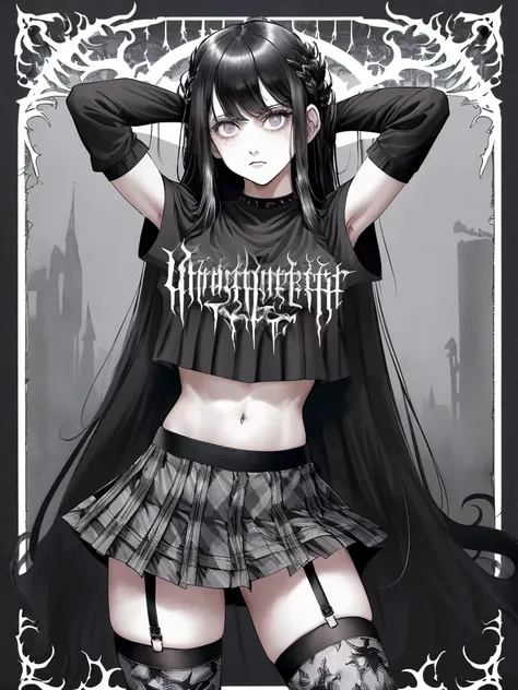 masterpiece, best quality, 1girl, long hair, black hair, straight bangs, grey eyes, exposed arms and shoulders, black shirt, (pr...