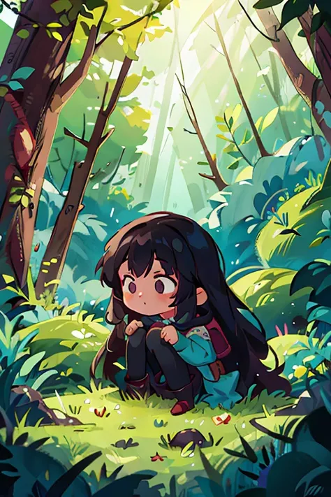 girl with dark and long hair in the forest