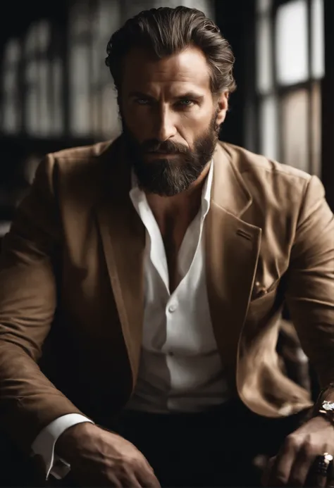 As the camera zooms in on his face, the rugged mans piercing eyes seem to stare right through you. His weathered features tell a story of a life lived on the edge, while his thick, well-groomed beard adds a touch of sophistication. With a style that combin...