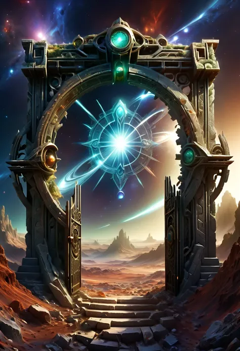 ((Forgotten Gate of Time and Space:1.8))，time portal，ruins，Alien planets，desolate planet，Mysterious gate，Interdimensional portal，door with arch，intricate engraving，glowing crystal，portal to another dimension，Time travel，lost，lost civilizations，door to anot...