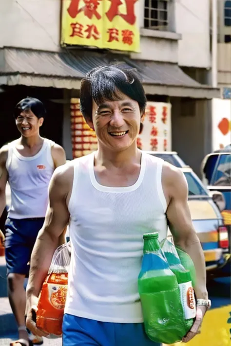 jackie chan、fat abdomen、walking unsteadily、smoking、drunk、smile、tank top、steteko、crocs sandals、holding a plastic bag from a conve...