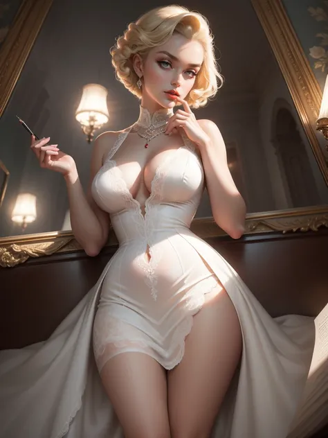 (Masterpiece - Ultra-Detailed, High Resolution) Prepare to be enchanted by a true masterpiece that combines ultra-detailed art with high-resolution rendering. This work shows a mesmerizing woman, with short, light blonde hair, 1950s style, Marilyn Monroe (...