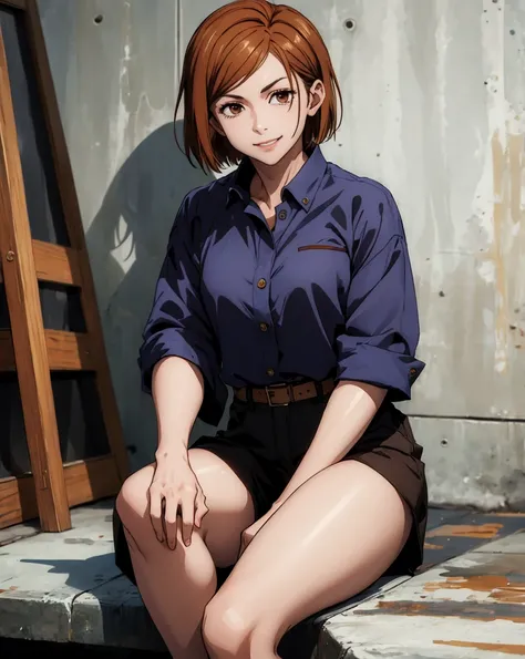 (masterpiece:1.4),(best quality:1.4) 1girl,nobara_jjk,brown hair,short hair, brown eyes,fully ,smilling,  sitting, full body