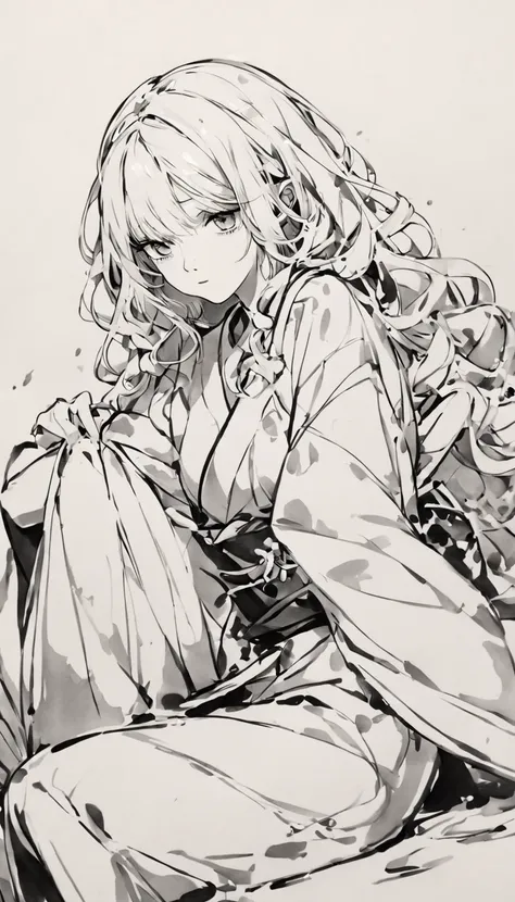 wavy hair, kimono, sitting pose, (black and white ink sketch:1.3)
