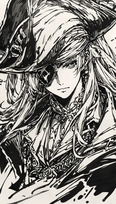 pirate, pirate outfit, portrait, (black and white ink sketch:1.3)