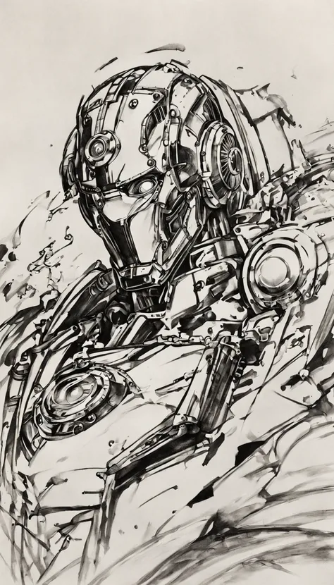 steampunk ironman, portrait, (black and white ink sketch:1.3)