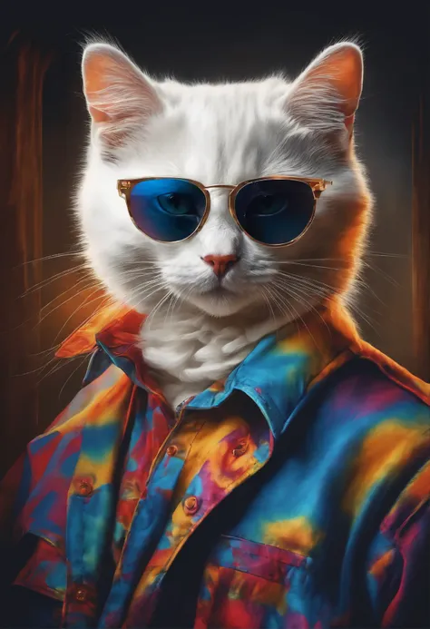 sunglasses kitten paint art,T-shirt logo，（（white background）），（In the frame）