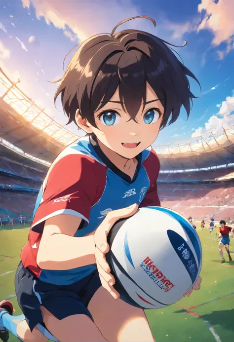 primary school５Grade Boy, Fun eyes, laughter, shine,,detailed face, black hair、(((Rugby)))、(((tag rugby)))、(((rugby)))、boy、(((RugbyRun with the ball女の子)))、high resolution、4k、blue sky、ground、Make people smaller、Run with the ball、smile