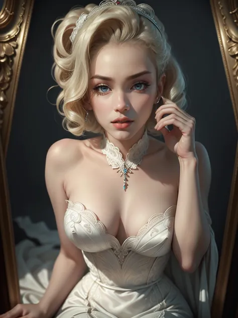 (Masterpiece - Ultra-Detailed, High Resolution) Prepare to be enchanted by a true masterpiece that combines ultra-detailed art with high-resolution rendering. This work shows a mesmerizing woman, with short, light blonde hair, 1950s style, Marilyn Monroe (...