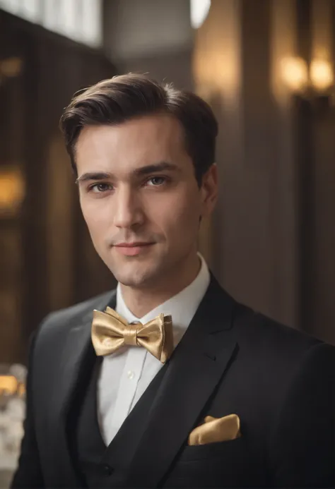 BUSINESSMAN IN BLACK VERSACCI SUIT WITH GOLDEN BOWTIE